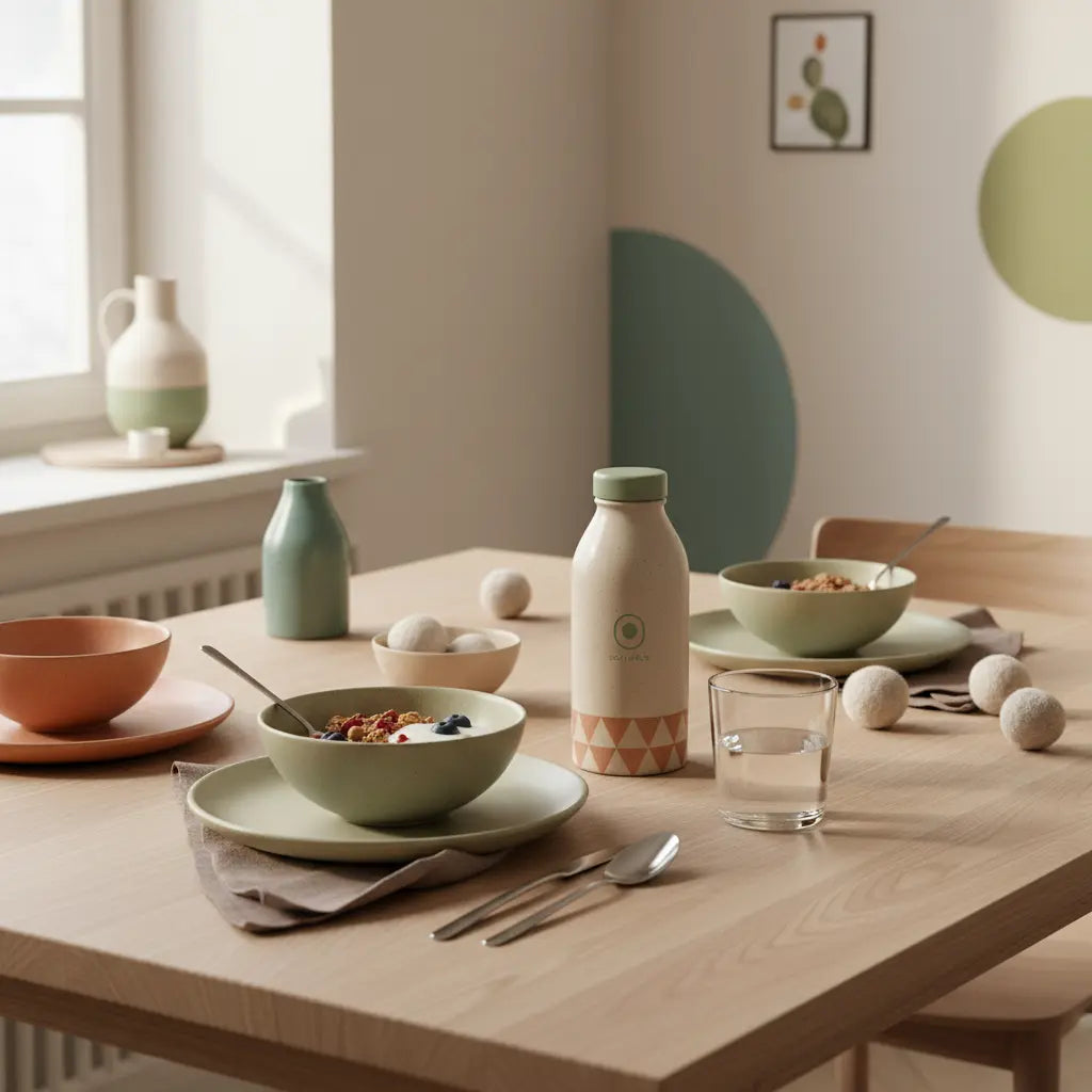 Veganer Frühstückstisch in einer hellen europäischen Küche mit Granola, pflanzlichem Joghurt, Nüssen und einem Shake in Keramikflasche, reduzierte Ästhetik — Fitnessziele Beispiele