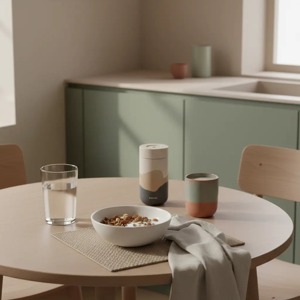 Minimalistisches Frühstück in europäischer Küche mit Granola, veganem Joghurt, Nüssen und Shake auf nachhaltigem Tisch – bewusst und nährend, fitnessziele formulieren