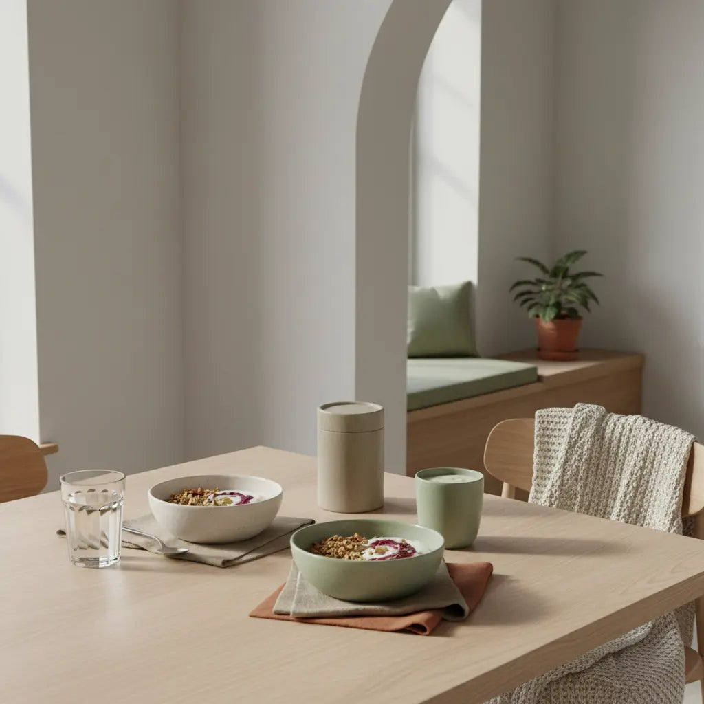 Veganes Frühstück mit Granola, Joghurt, Nüssen und Shake auf nachhaltigem Tisch in europäischer Küche im weichen Morgenlicht – Bildkonzept für fitnessziele formulieren