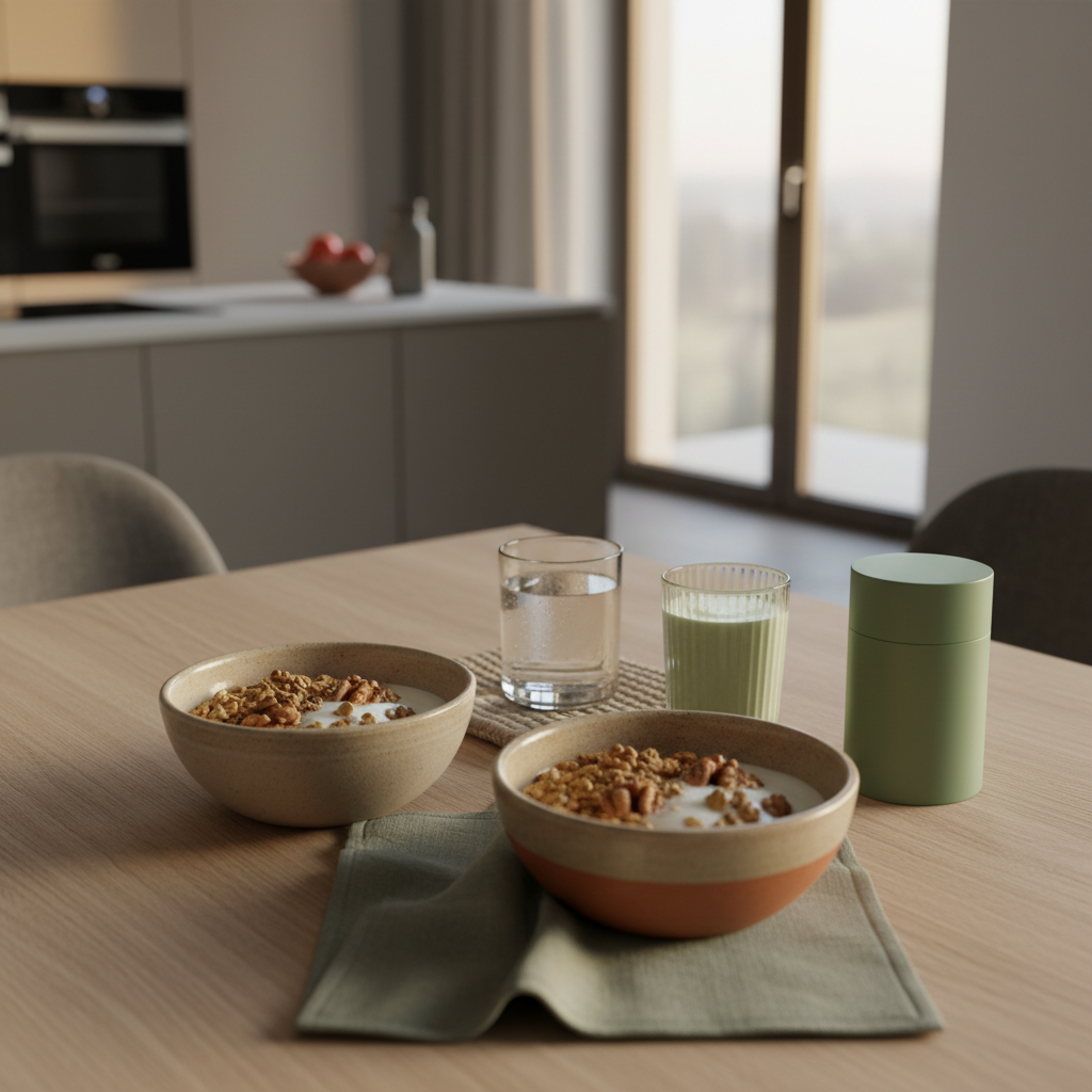Nahaufnahme eines nachhaltigen Frühstückstisches mit Granola, pflanzlichem Joghurt, Nüssen, klarem Wasserglas und Proteinshake in erdiger Farbpalette – ideal für Fitnessziele.