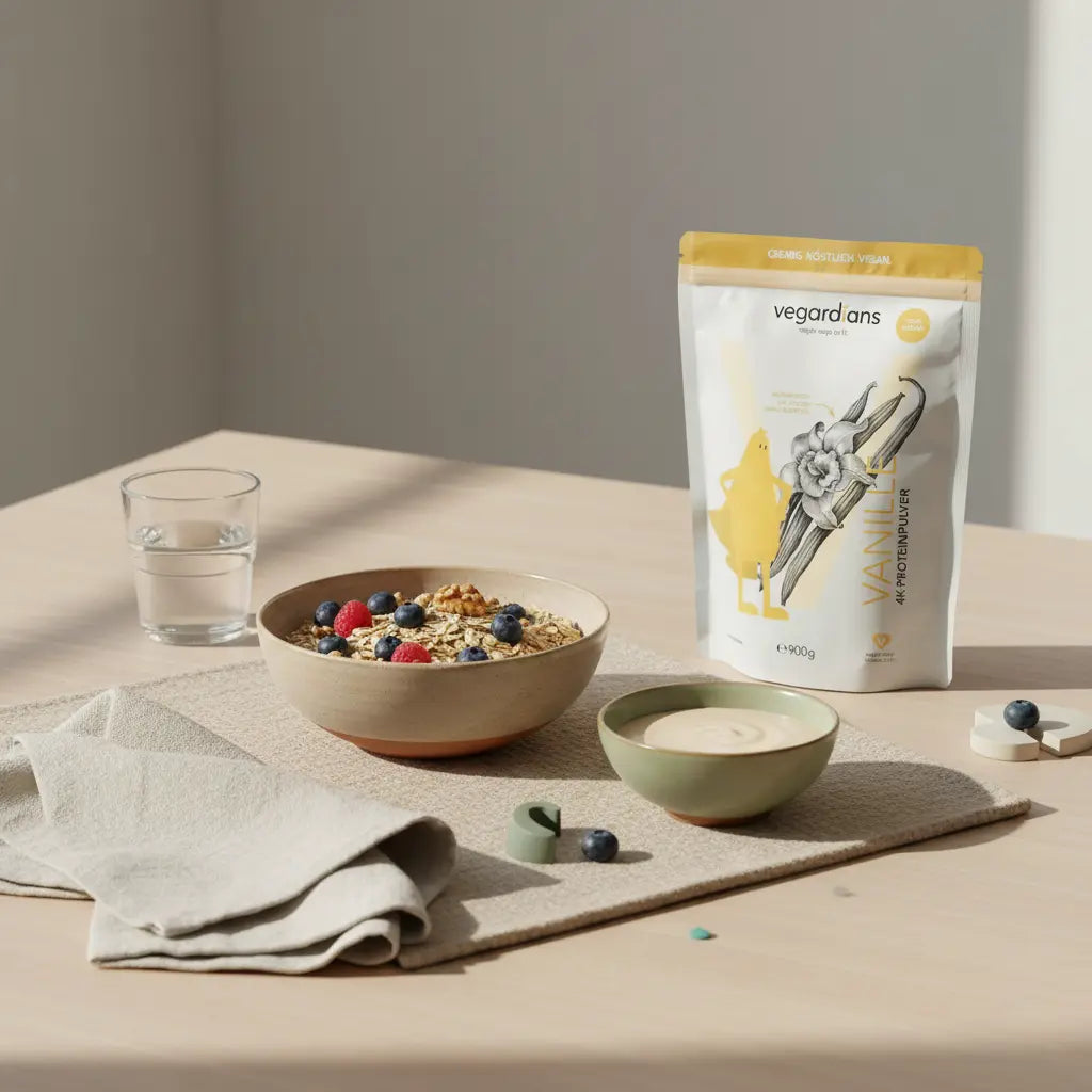 Minimalistische Morgenszene mit veganem Müsli, Glas Wasser und dezenter Proteinshake auf Holztisch – nährend für einen flachen Bauch.