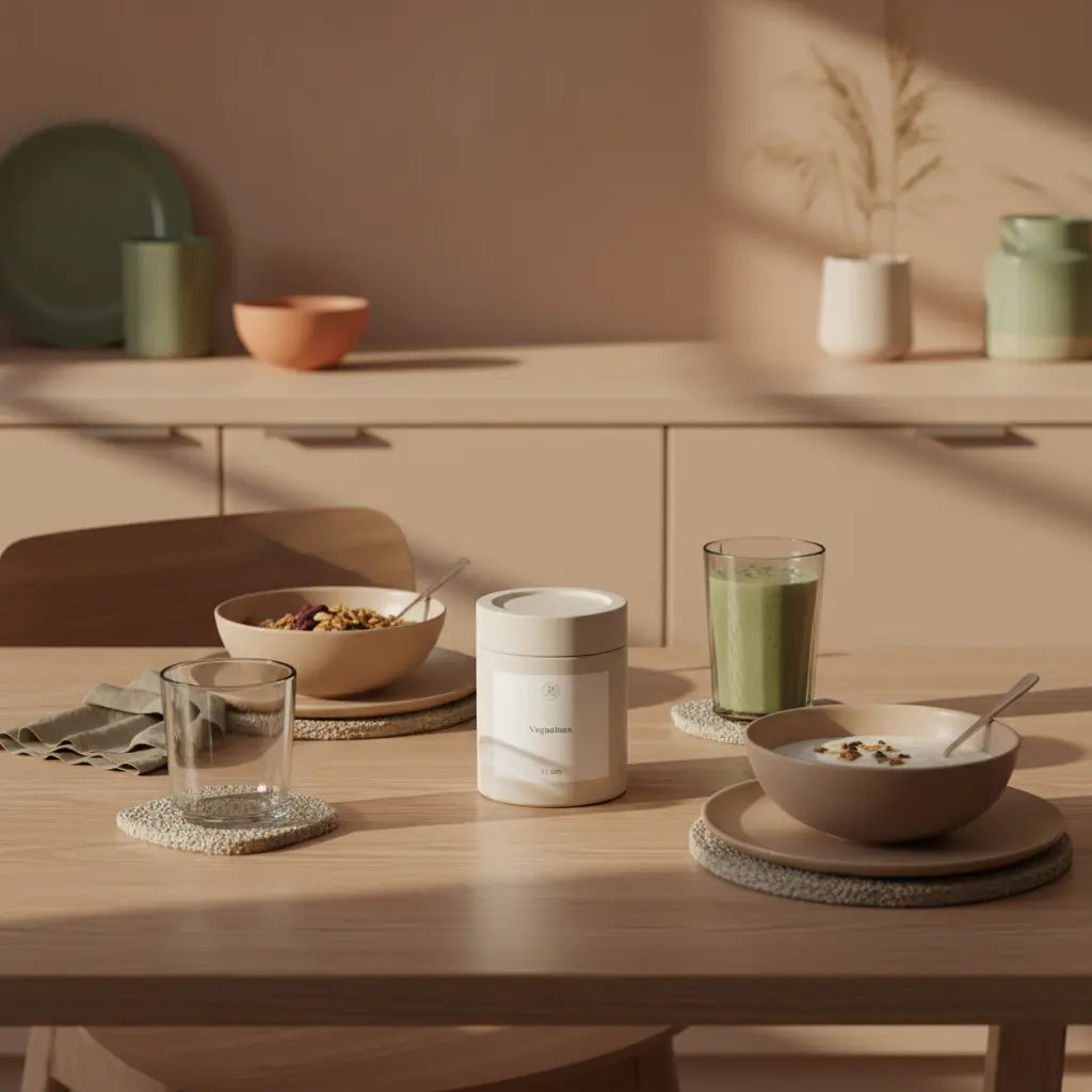 Minimalistisch gedeckter Frühstückstisch mit Granola, Joghurt, Nüssen und Shake in einer europäischen Küche am Morgen — frau zum sport bringen tipps