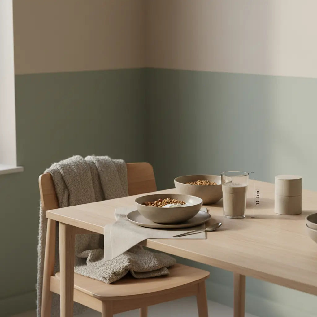 Vegardians-Frühstücksszene mit Granola, pflanzlichem Joghurt, Nüssen und neutralem Shaker auf nachhaltigem Tisch in sanftem Morgenlicht – Frau zum Sport motivieren