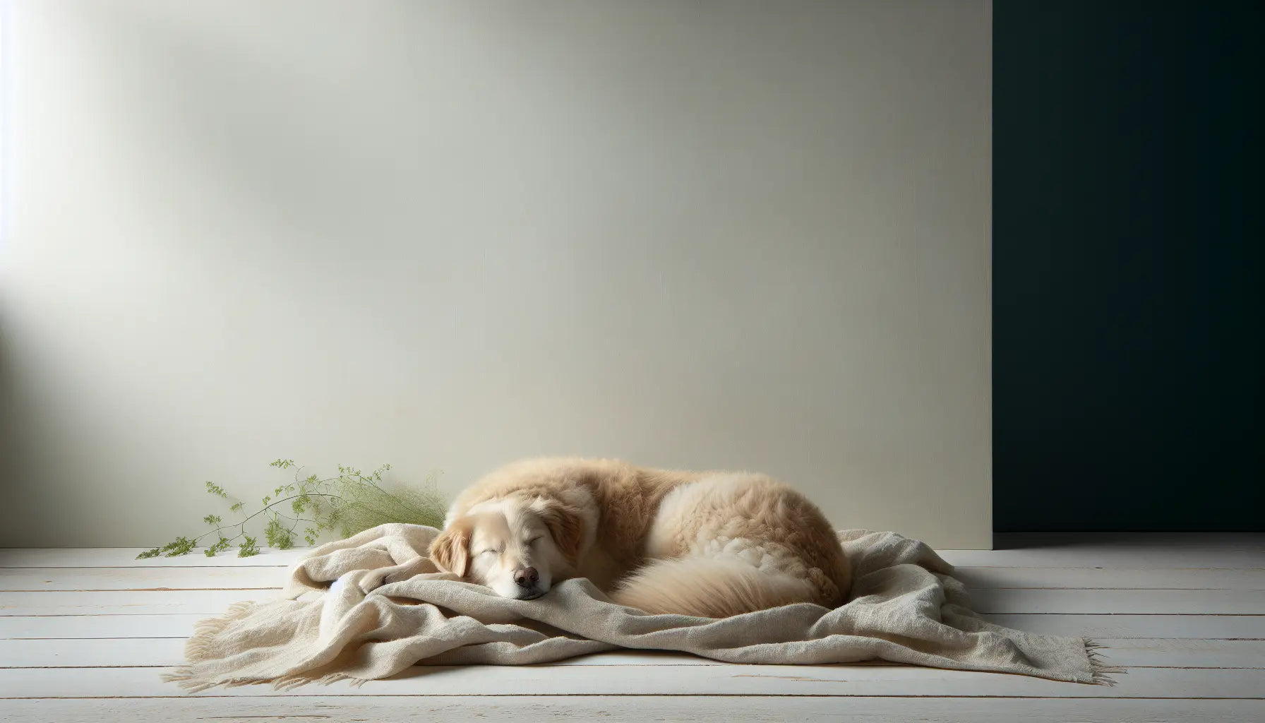 friedlich schlafender hund auf cremefarbener leinen decke auf heller holzoberflaeche mit dezent gruenem hintergrund und weichem tageslicht