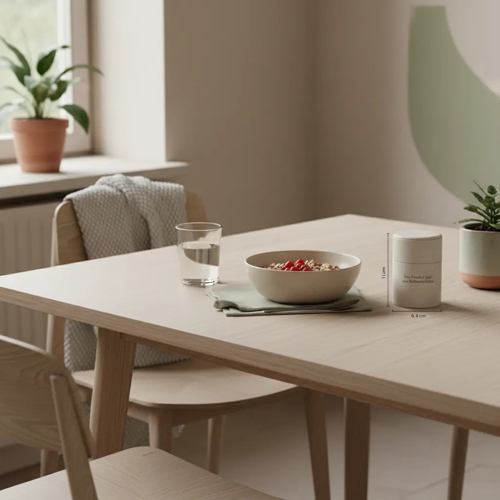 Veganes Frühstück auf Holztisch im Morgenlicht mit Hafer, Beeren, Nüssen und pflanzlichem Shake; ruhige, nährende Szene zum Thema Hüftspeck