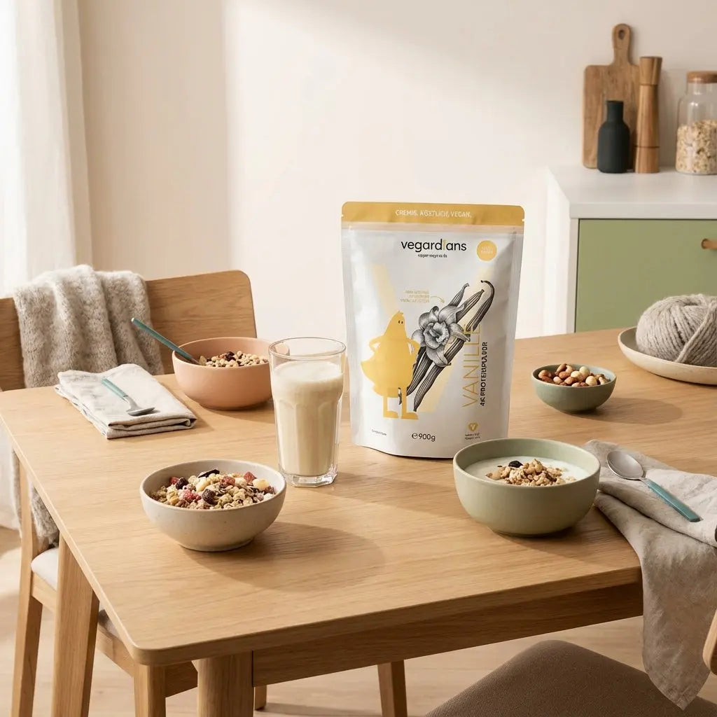 frühstück für läufer: nachhaltiger Holztisch mit Müsli, Joghurt, Nüssen und Shake im sanften Morgenlicht; minimal, Vegardians-Farbpalette #F7EDE6 und #B0BF71