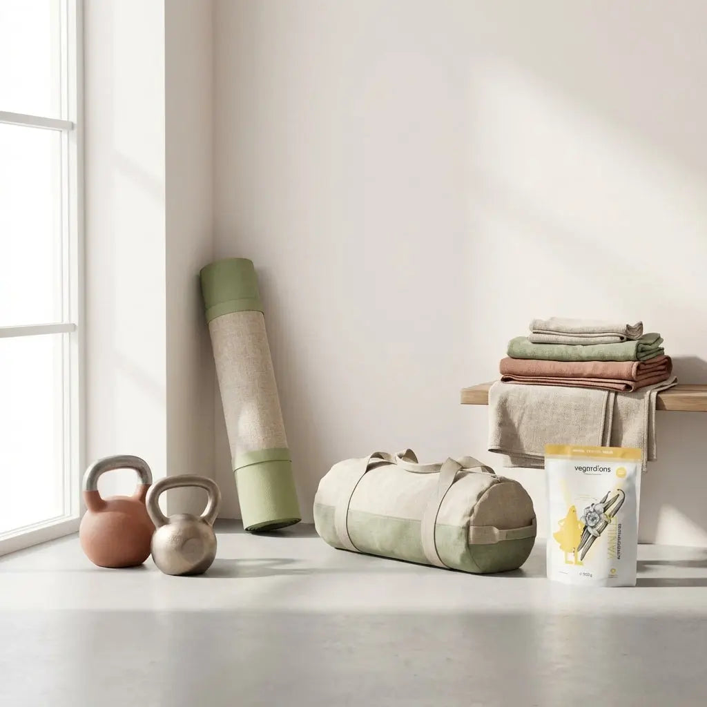 Leerer minimalistischer Trainingsbereich mit Yogamatte, zwei Kettlebells, Sandbag und Leinenhandtüchern im Morgenlicht, ideal für Funktionstraining.