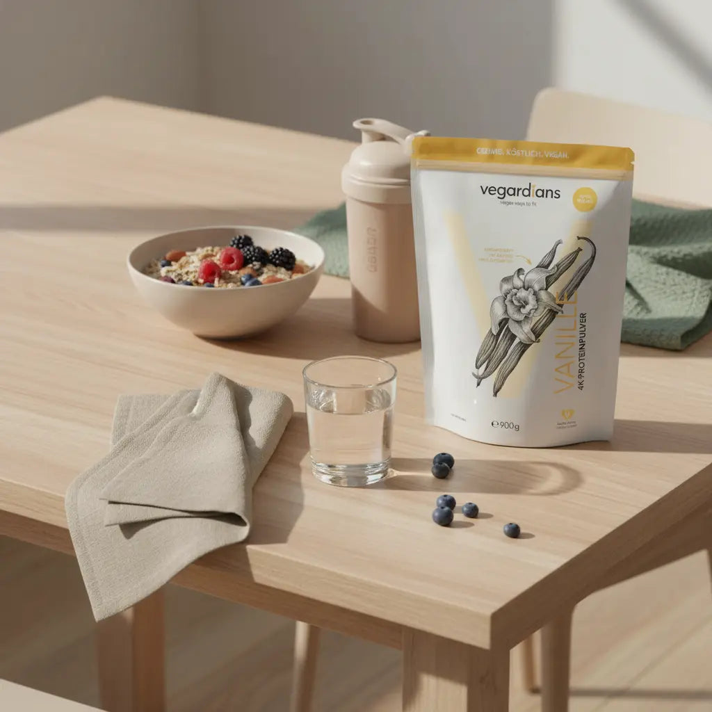 Minimalistisches veganes Frühstück auf nachhaltigem Holztisch im sanften Morgenlicht mit Glas Wasser, Müsli, Nüssen und Shake – stimmungsvolles Bild zum Thema Gesichtsfett reduzieren