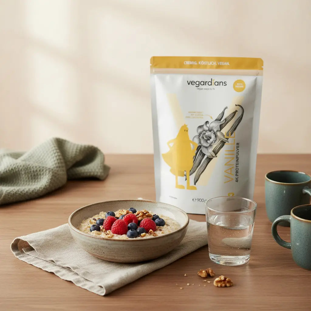 Nachhaltiges Holztisch-Frühstück mit Haferbrei, Beeren, Nüssen und Wasser im sanften Morgenlicht – bewusst nährend; gesund 1 kg pro Woche abnehmen