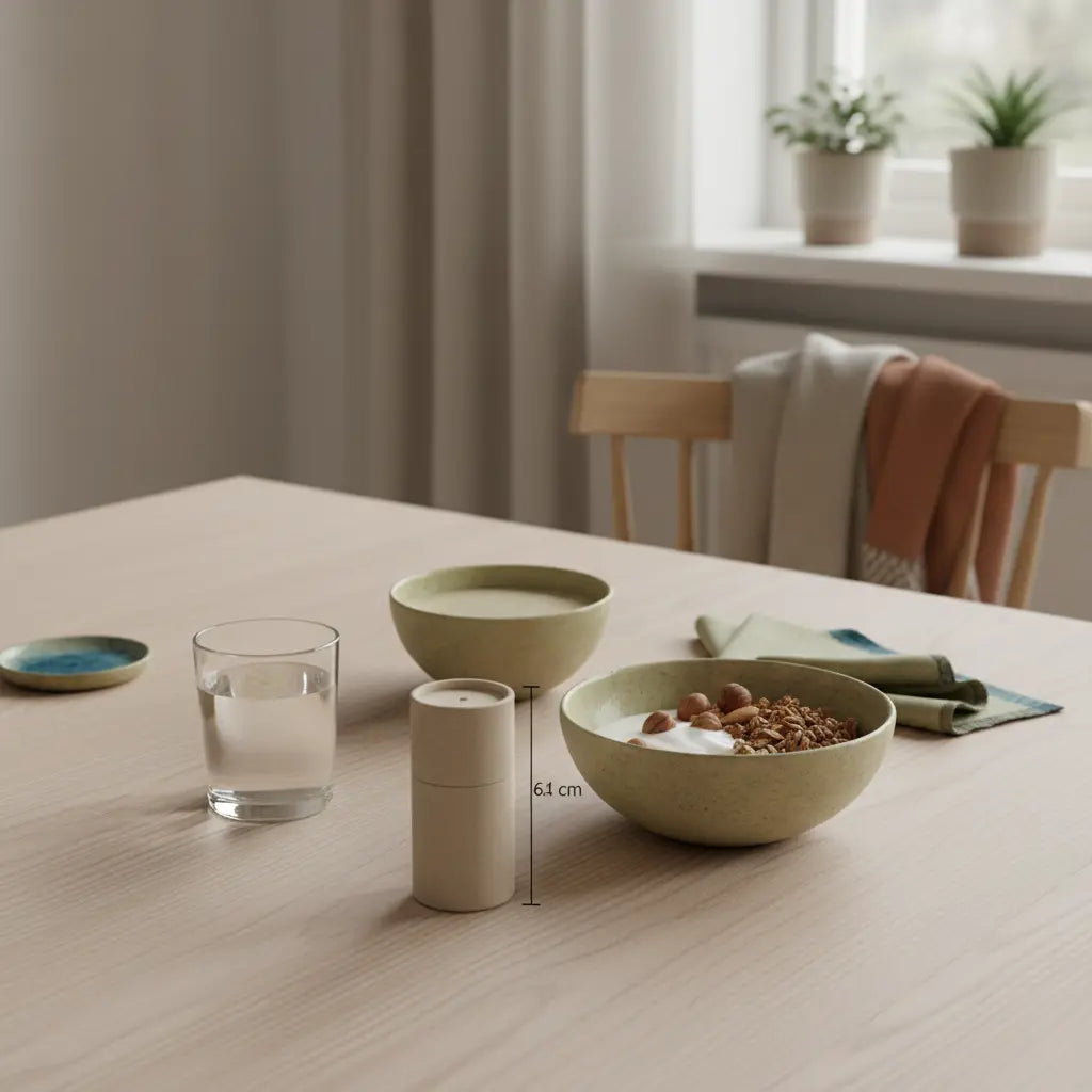 Minimalistisches Morgenfrühstück mit Granola, Joghurt, Nüssen, Glas Wasser, Shake und dem Produkt aus den Referenzfotos – gesund und munter