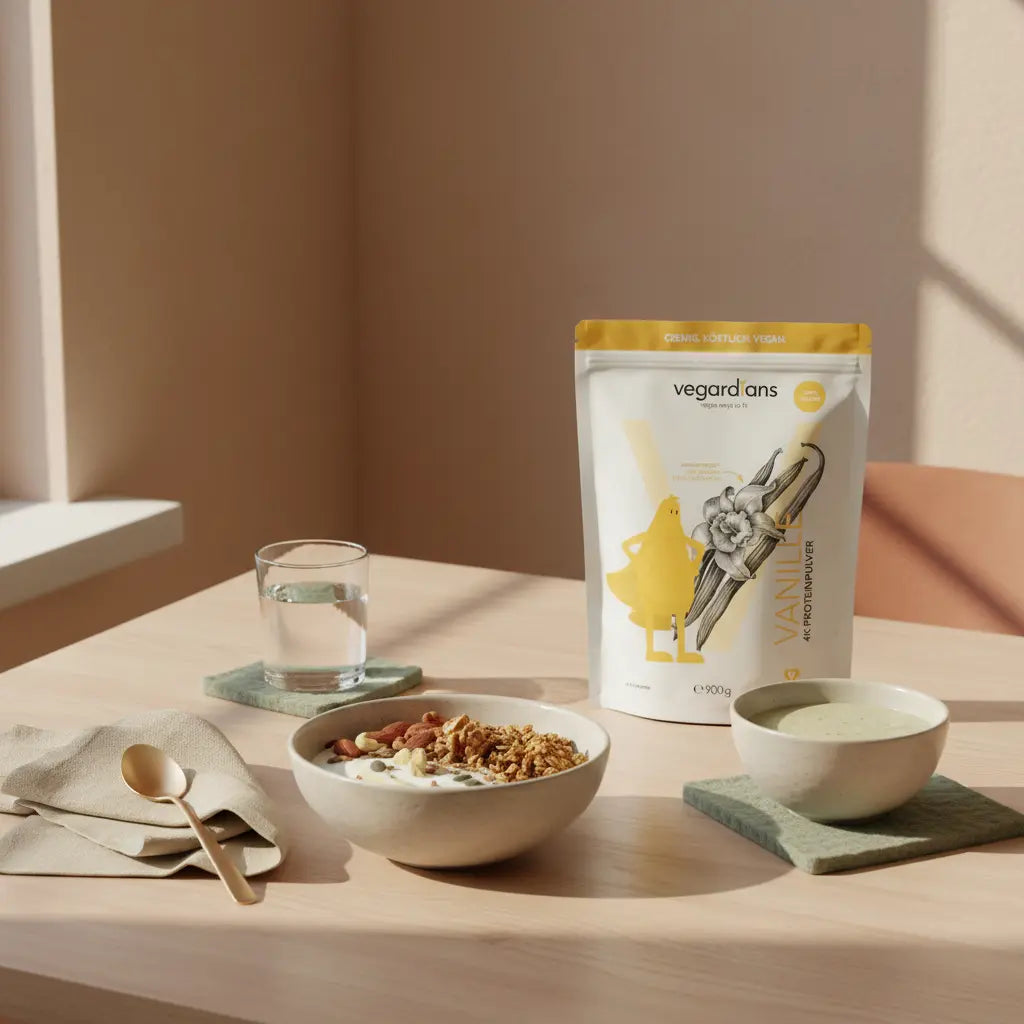 Minimalistische Morgenaufnahme einer veganen Mahlzeit (Müsli, Joghurt‑Alternative, Nüsse, Shake) auf nachhaltigem Holztisch mit Leinenserviette und Wolltextur — gesunde Diät zum Abnehmen