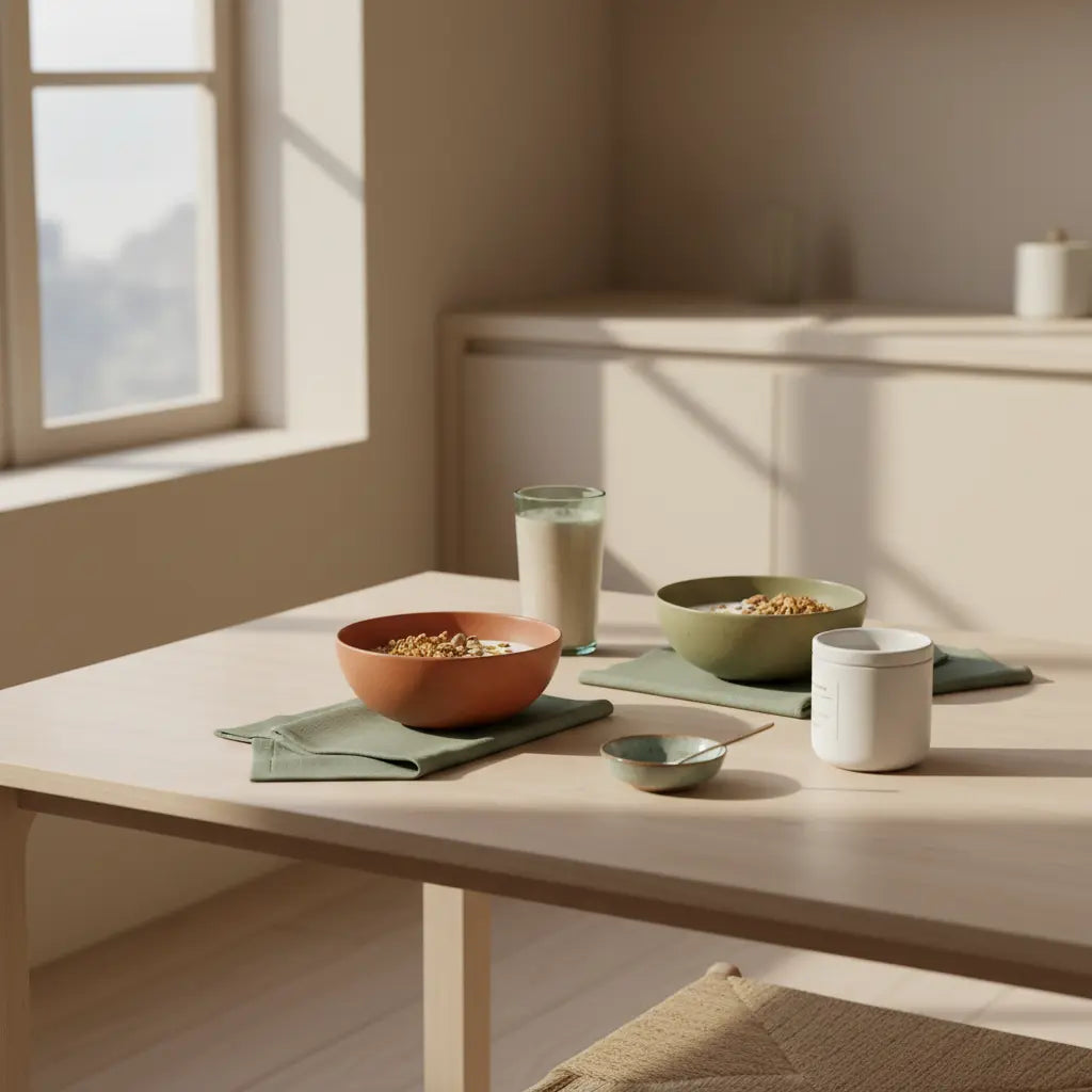 Minimalistisches Frühstück in europäischer Küche mit Granola, pflanzlichem Joghurt, Nüssen und Shake – ästhetisch, ruhig und nährend, passend zur gesunden ernährungsform