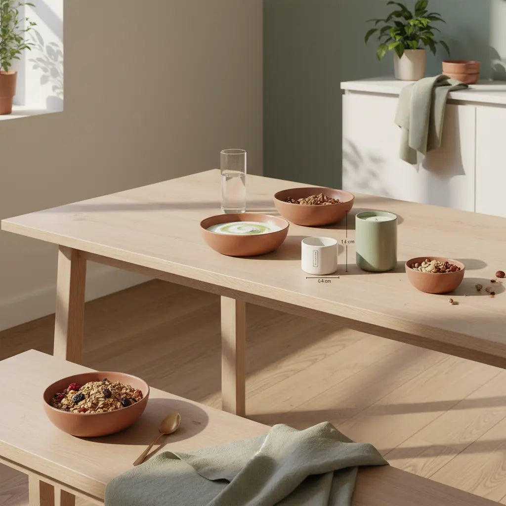 Minimalistische Frühstücksszene in europäischer Küche mit Holztisch, Keramikschalen, Granola, Joghurt, Nüssen und veganem Shake – gesunde kekse rezept.