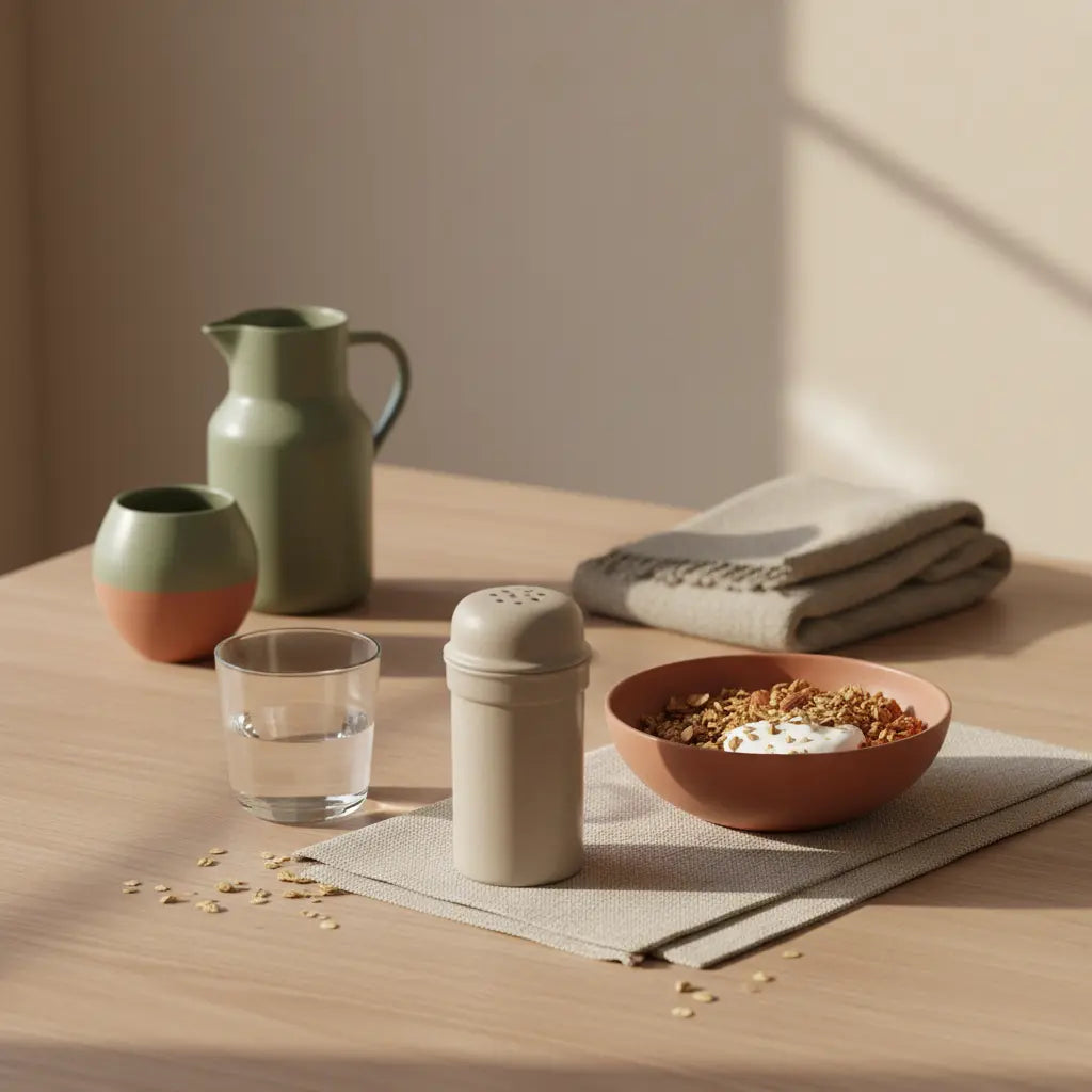 Gesunde tierische lebensmittel: Minimalistisches Frühstück in europäischer Küche mit Granola, Naturjoghurt, Nüssen und Shaker, sanftes Morgenlicht, beige‑salbei Farbpalette.