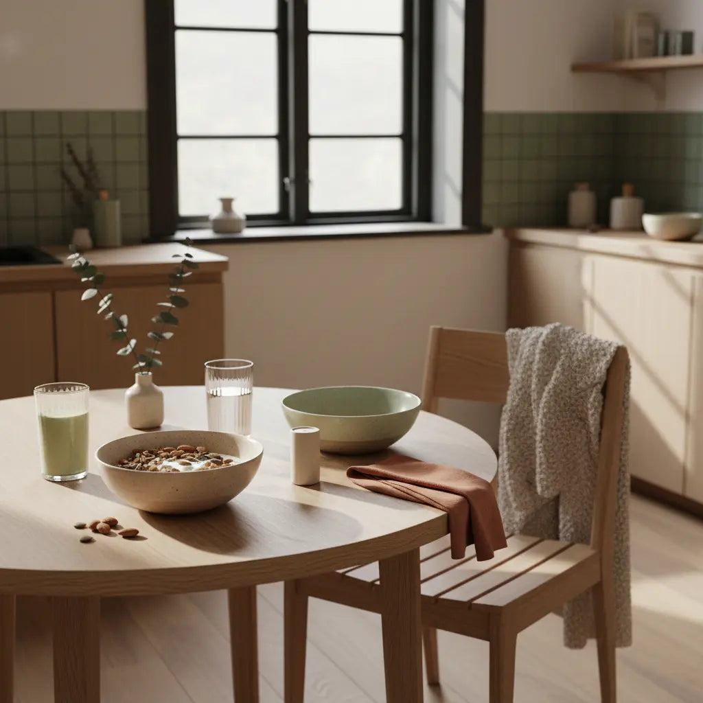 Veganes Winterfrühstück mit Granola, pflanzlichem Joghurt, Nüssen und Shake auf minimalistischem Tisch – Symbol für gesunde Winterernährung.