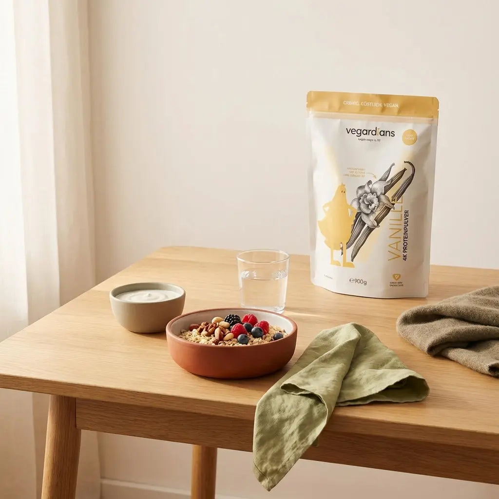 Minimalistische Frühstücksszene mit Hafer, Nüssen, Beeren und pflanzlichem Joghurt auf Holztisch im Morgenlicht – gesunder Ernährungsplan für Männer