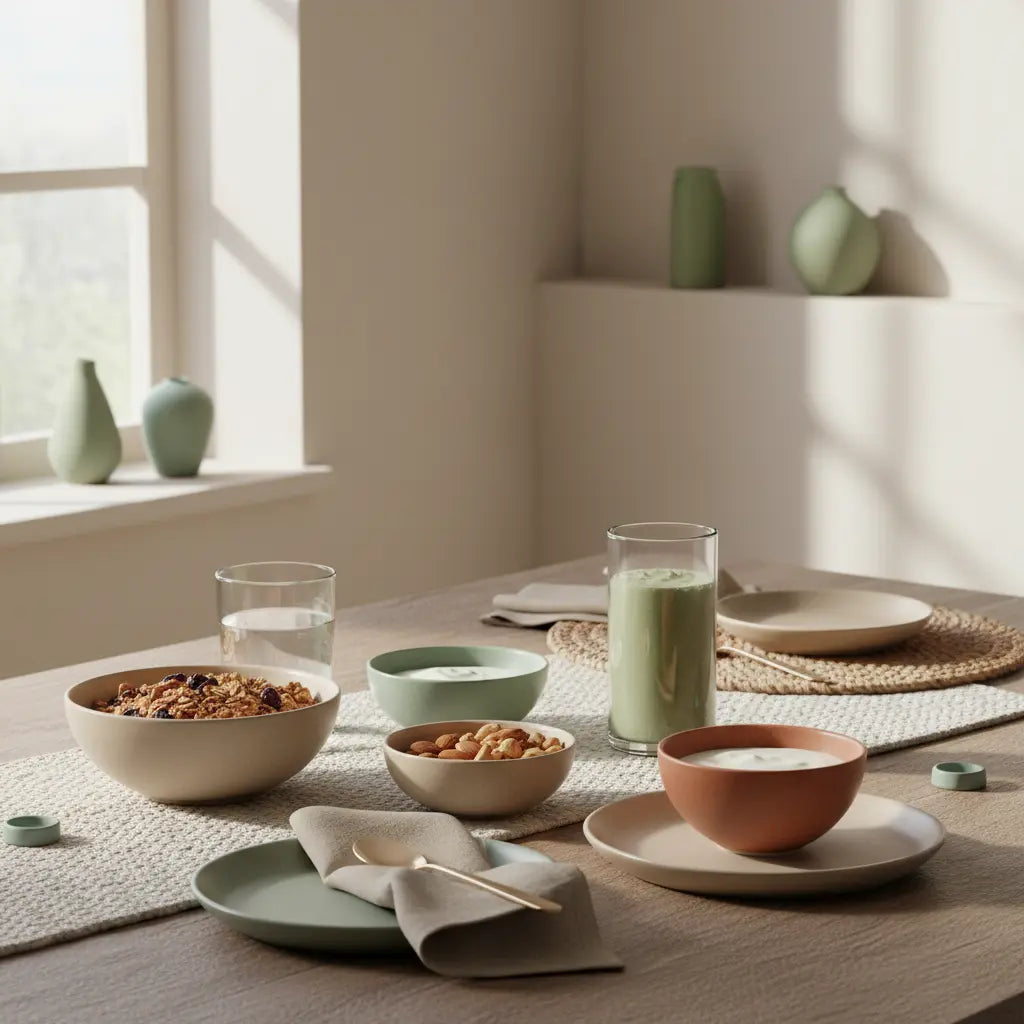 Veganes Frühstück mit Granola, Joghurt, Nüssen und Shake in sanftem Morgenlicht auf nachhaltigem Tisch – ruhige Minimalästhetik für einen gesunden Jahresstart