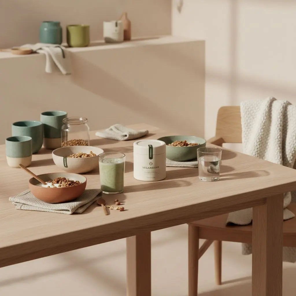 Bewusstes Frühstück mit Granola, pflanzlichem Joghurt, Nüssen und Shake in einer europäischen Küche bei Morgenlicht – gesunder Lebensstil