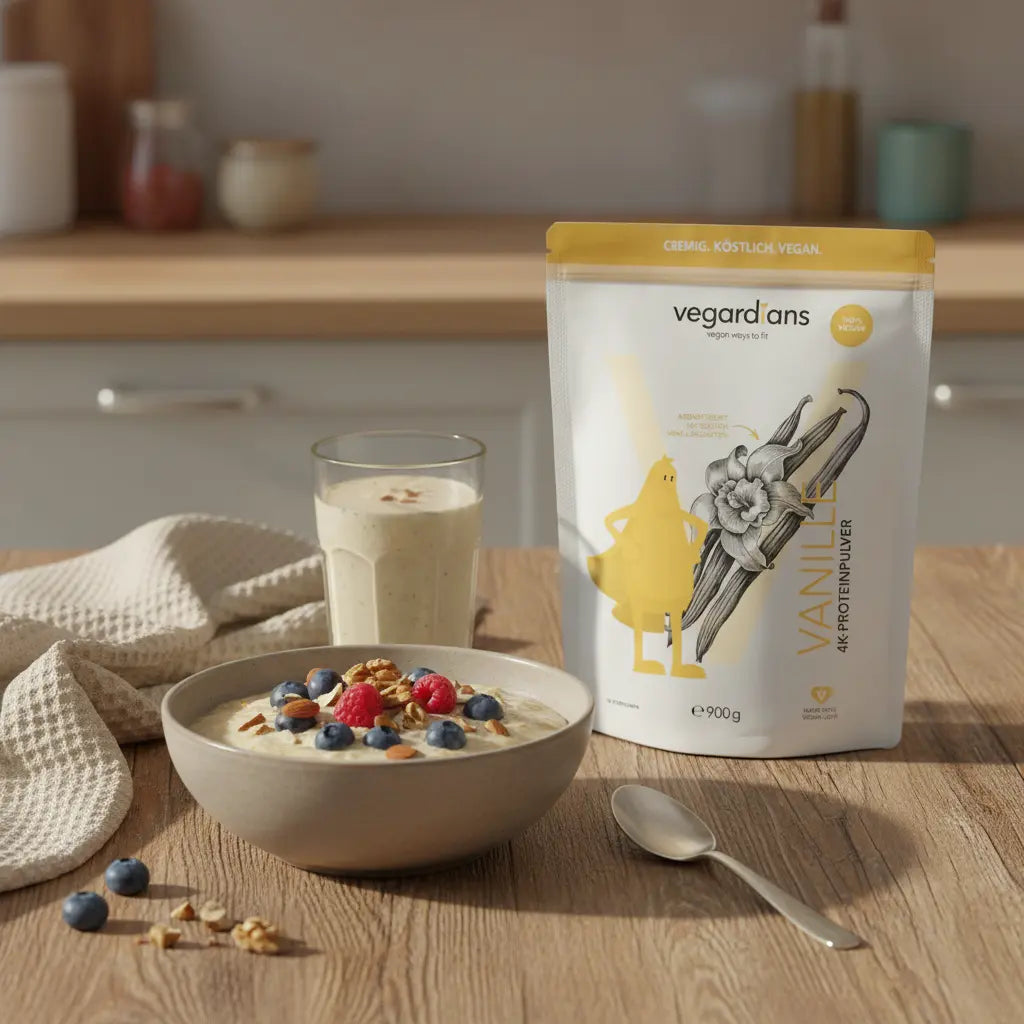 Minimalistische, vegane Frühstücksplatte mit Porridge, Nüssen, Beeren und Proteinshake bei Morgenlicht – gesundes Frühstück, bewusst und nachhaltig arrangiert.