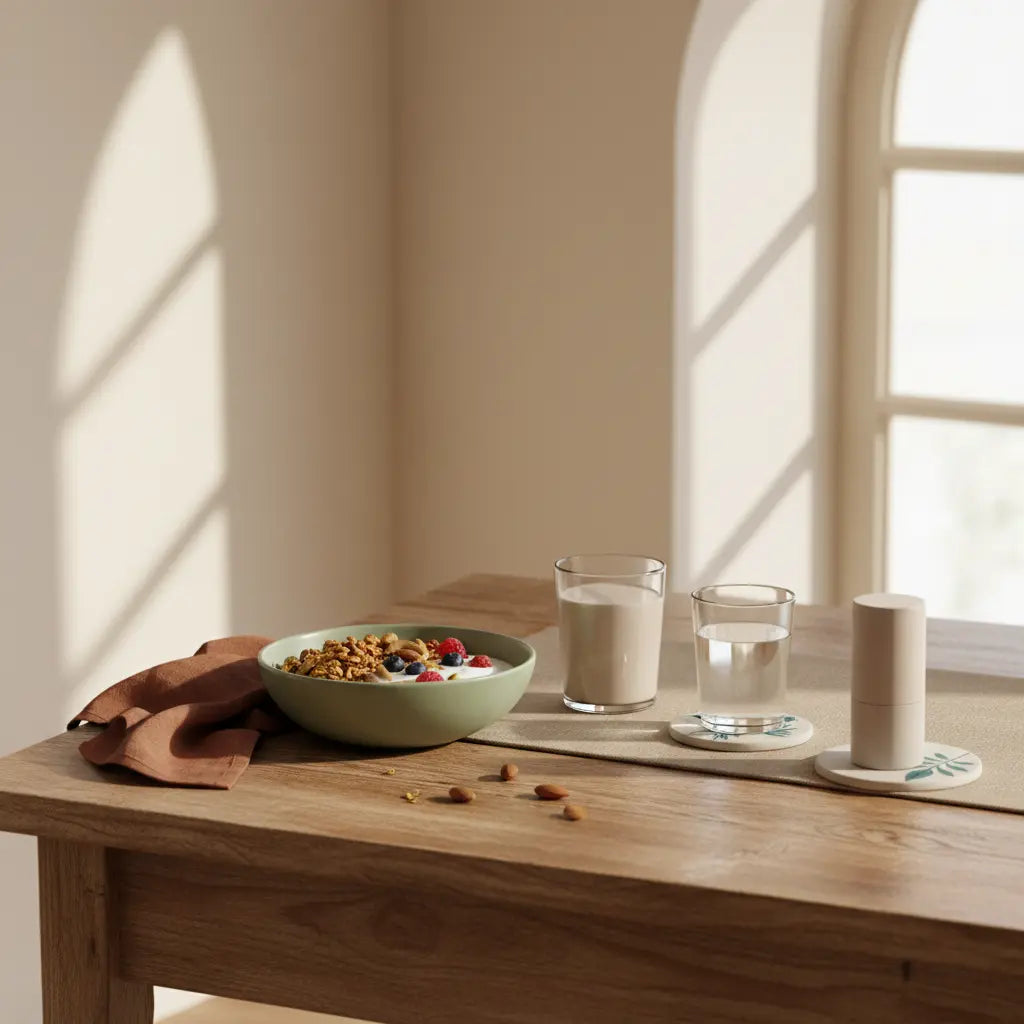 Minimalistisches, nachhaltiges gesundes Frühstück auf Holztisch im Morgenlicht: vegane Granola‑Schale mit Joghurt‑Alternative, Nüssen, Beeren und Shake.