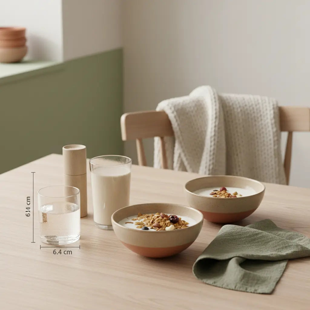 Veganes Frühstück mit Granola, pflanzlichem Joghurt, Nüssen und Shake auf nachhaltigem Holztisch — gesündeste pflanzliche Lebensmittel im ruhigen Morgenlicht