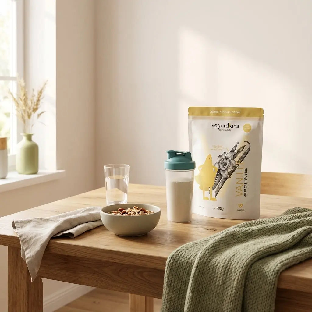 Minimalistisches veganes Frühstück auf nachhaltigem Holztisch im sanften Morgenlicht mit Müsli, Nüssen und Shake – ruhige, nährende Szene zum Thema Gewichtsplateau