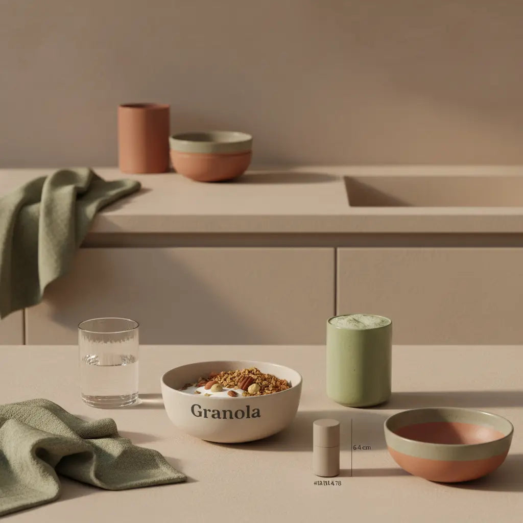 Minimalistisches Frühstück mit Granola, pflanzlichem Joghurt, Nüssen und Shake in einer europäischen Küche bei Morgenlicht — thematisch: gewichtszunahme im winter