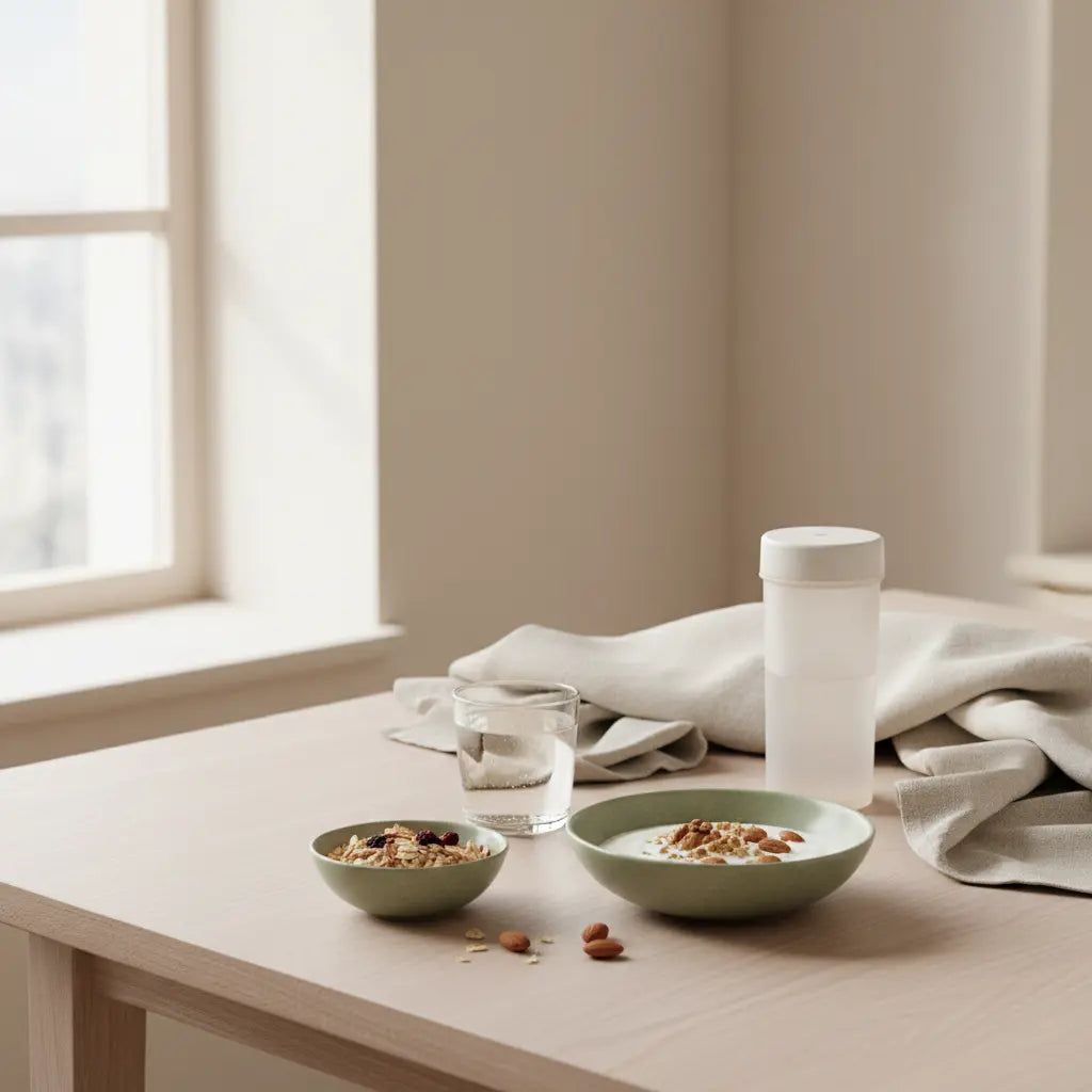 Minimalistisches Frühstück in europäischer Küche mit Glas Wasser, Granola, Joghurt, Nüssen und Shaker in ruhiger, nährender Morgenstimmung – Gewohnheitsbildung.