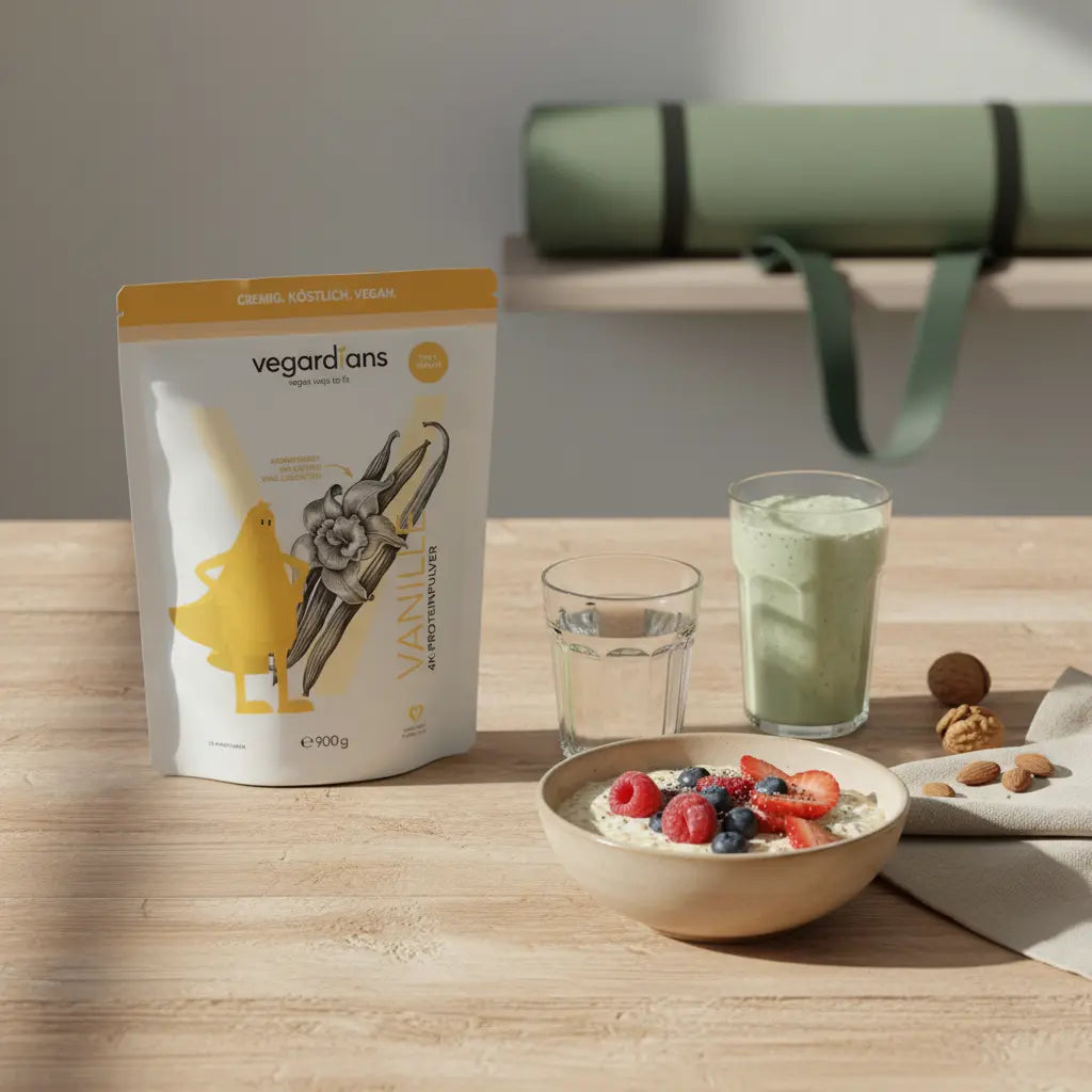 Minimalistische Morgenszene: Haferbrei mit Beeren, Glas Wasser, Proteinshake, Nüsse und Yogamatte im Hintergrund – Bild für gezielt abnehmen bauch beine po