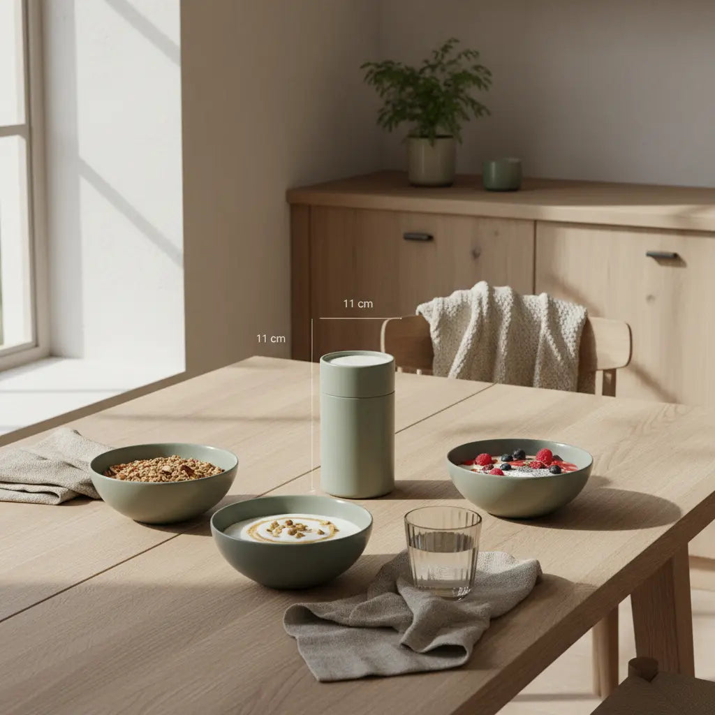 Frühstückstisch mit veganer Bowl, Granola, Joghurt, Nüssen und Shake neben dem Produkt — Gibt es muskulöse Veganer? Ruhige, minimalistische Morgenstimmung.