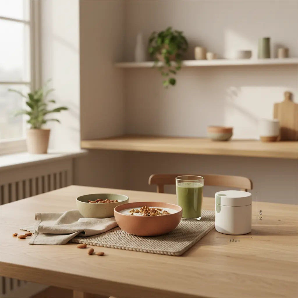 Minimalistische Frühstücksszene in europäischer Küche mit pflanzlichem Joghurt, Granola, Nüssen und Shake auf nachhaltigem Tisch im Morgenlicht. Gilt Joghurt als tierisches Eiweiß?