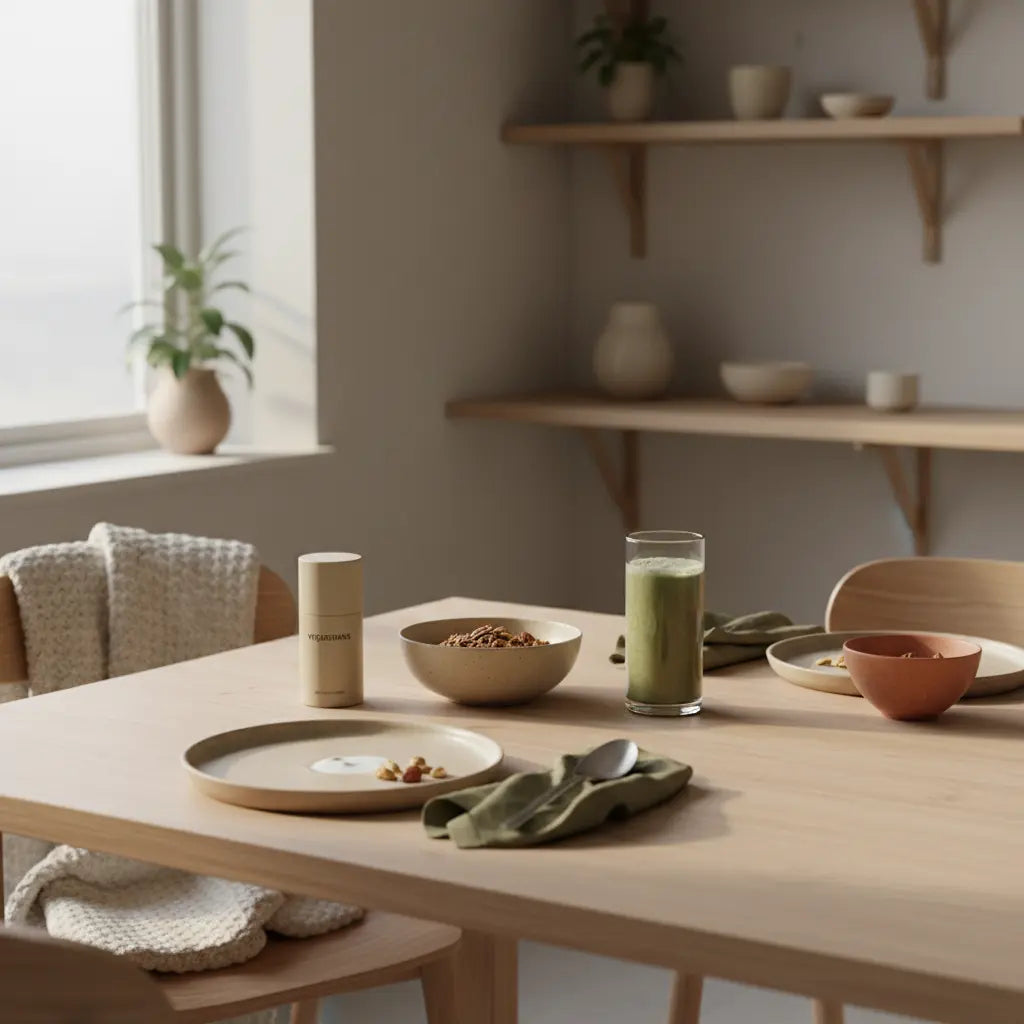 Minimalistisches Morgenfrühstück mit Granola, pflanzlichem Joghurt, Nüssen und einem Shake in einer europäischen Küche – bewusst nährend, glücklich durch Bewegung