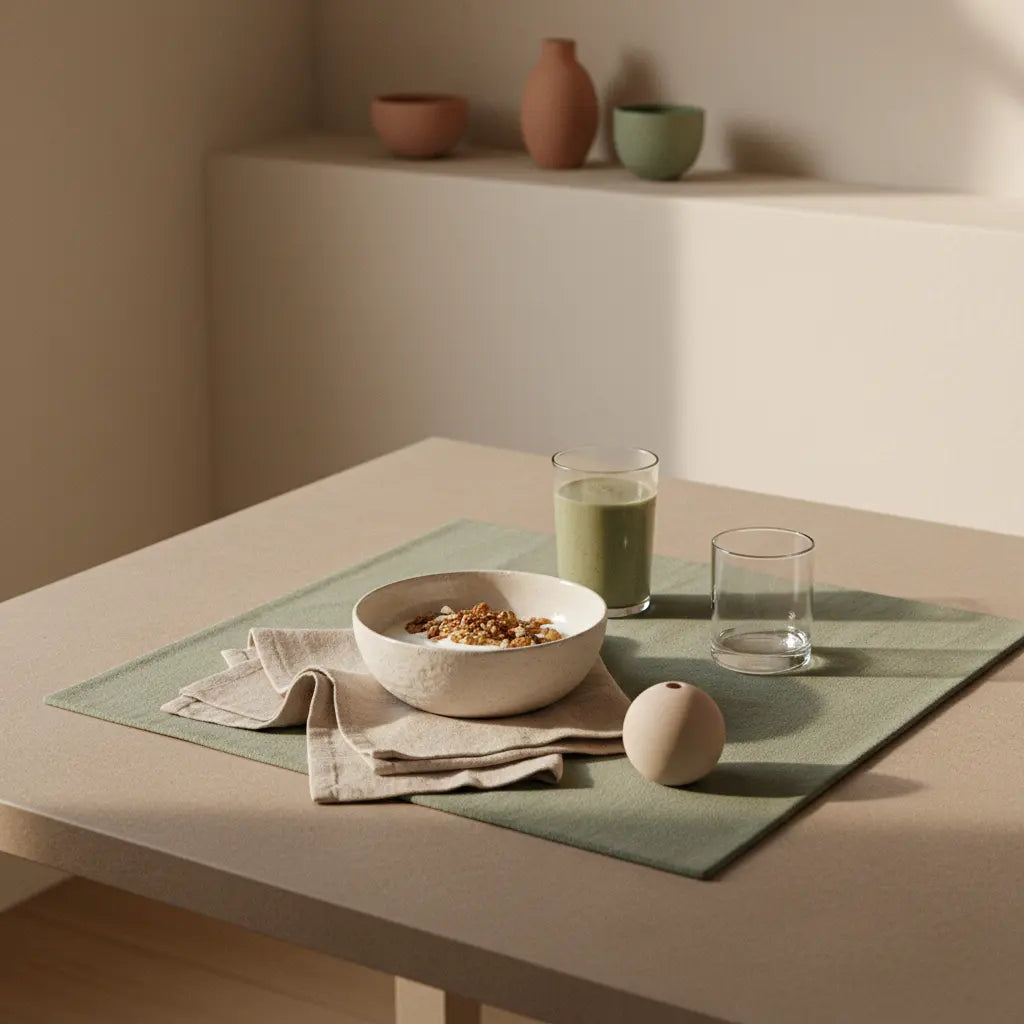 Minimalistisches veganes Frühstück mit Granola, Joghurt, Nüssen und Shake auf nachhaltig gedecktem Tisch in ruhiger Morgenstimmung – Grundübungen Krafttraining