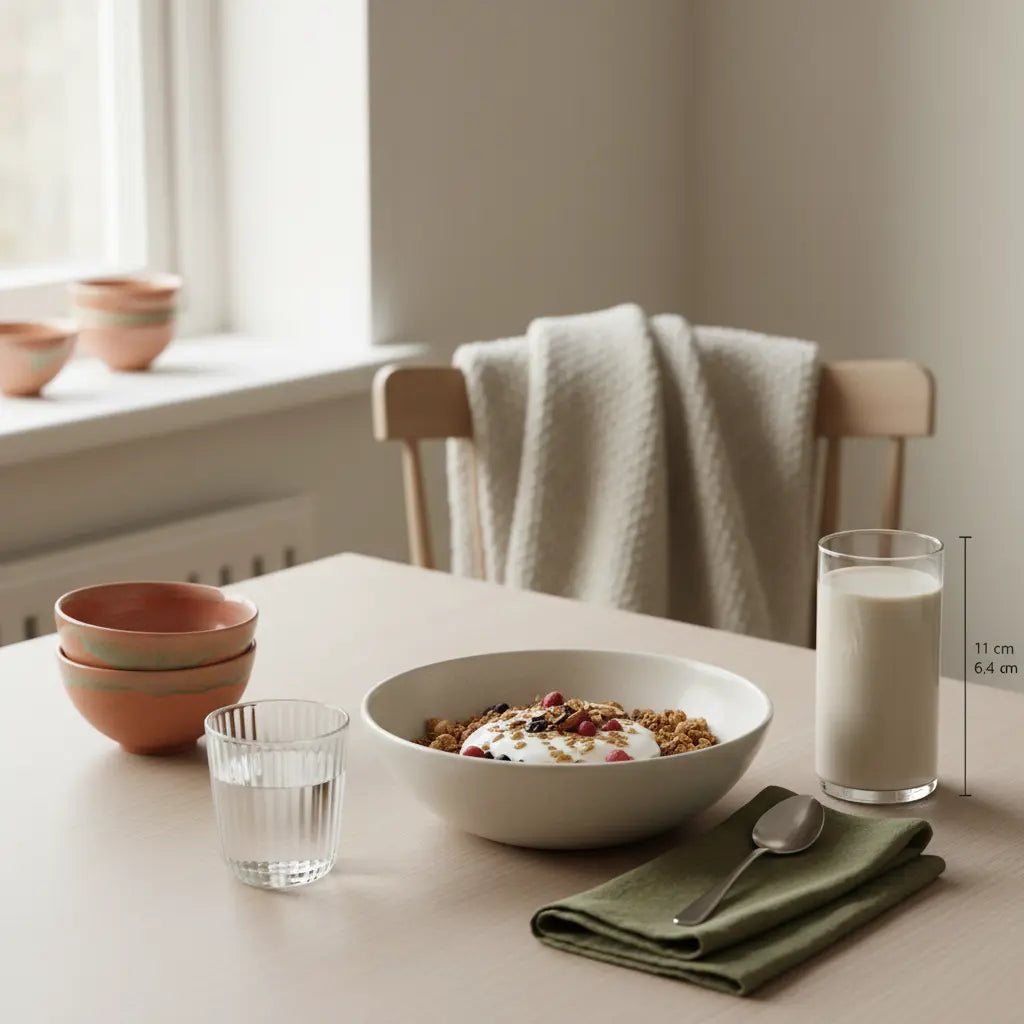 Minimalistische Küchentischszene mit veganem Frühstück (Granola, Joghurt, Nüsse, Shake) in sanftem Morgenlicht – nährend und bewusst, passend zu Grundübungen Krafttraining.