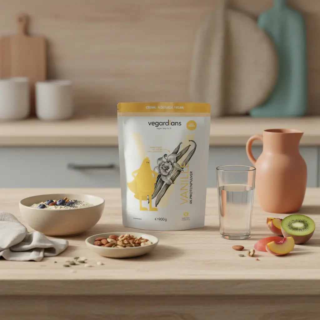 Minimalistischer Frühstückstisch mit Porridge, Nüssen, frischem Obst, Glas Wasser und Keramikkrug in hellem europäischen Küchenlicht – Darstellung einer grünen Mittelmeerdiät.