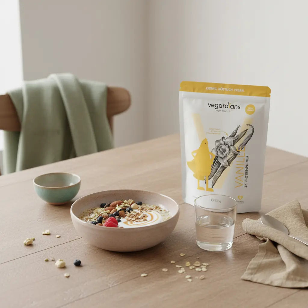 Minimalistische europäische Küchenszene mit veganer Schüssel, Glas Wasser und Leinenservietten in ruhigen Beigetönen – grüne Mittelmeerdiät inspirierte Morgenstimmung.