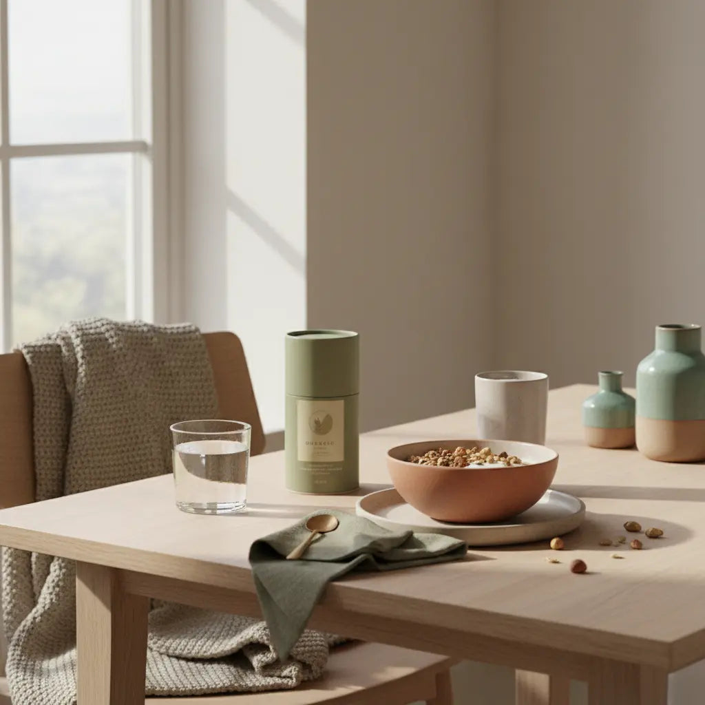 Minimalistisches veganes Frühstück mit Granola, Joghurt, Nüssen und Shake in einer europäischen Küche, nachhaltiges Setting und Vegardians-Ästhetik — gute neujahrsvorsätze