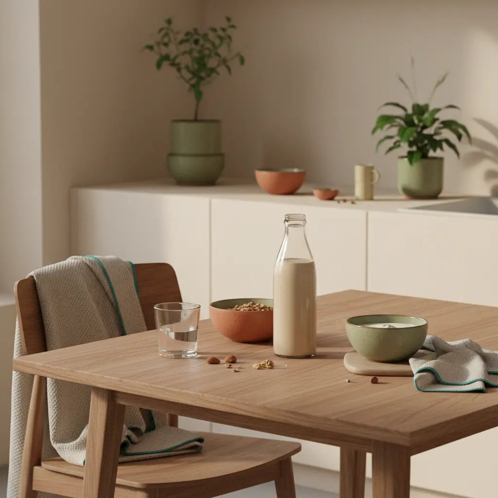 Sanftes Morgenlicht in europäischer Küche: nachhaltiges Frühstück mit Granola, veganem Joghurt, Nüssen, Shake und dem Produkt aus Referenzfotos; Haltbarkeit zuckerfreie Plätzchen