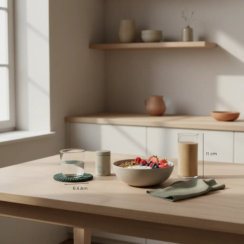 Minimalistische Küchentisch-Szene mit veganem Frühstück, Proteinshake und dem Produkt aus den Referenzfotos – HCG-Diät erlaubte Lebensmittel im ruhigen Morgenlicht