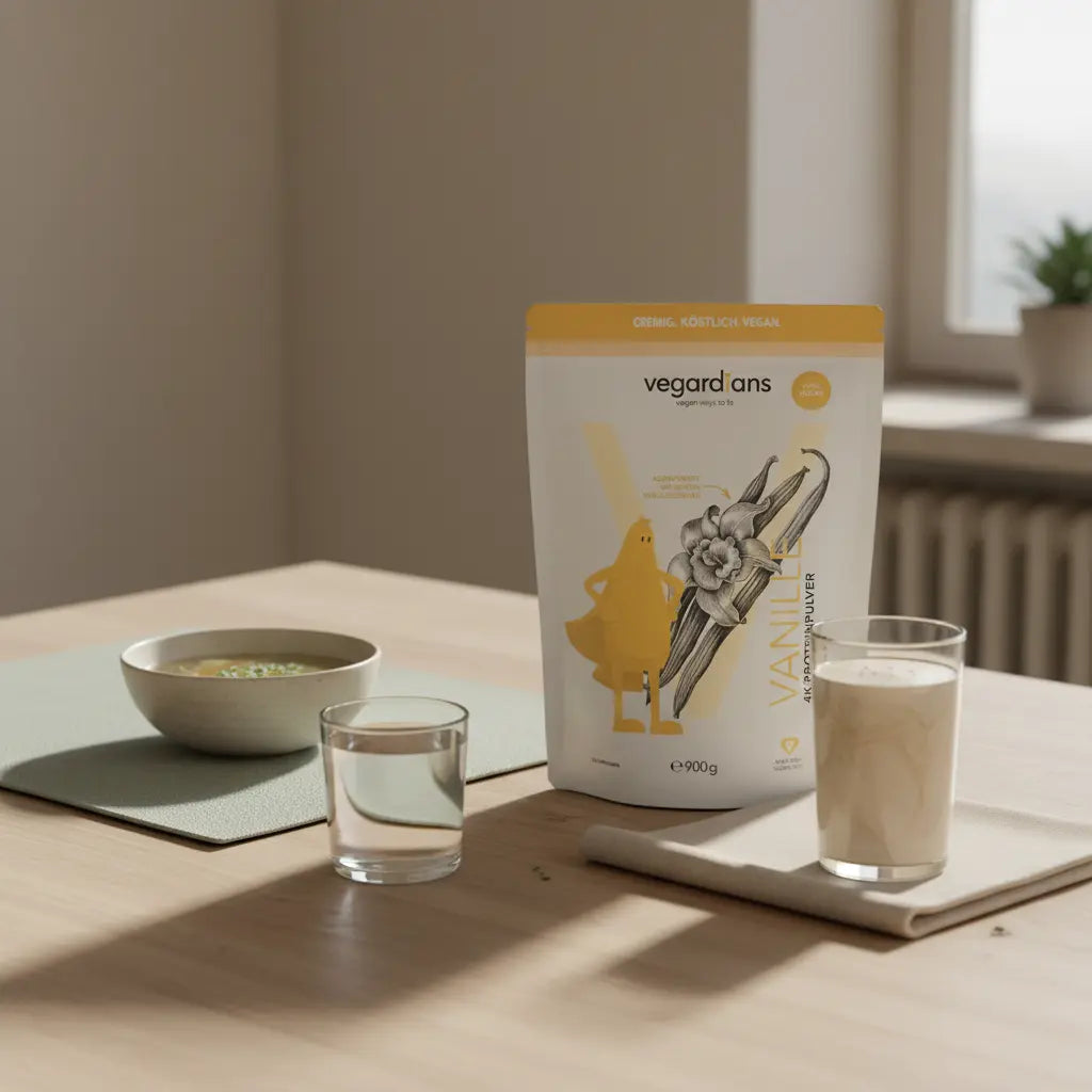 Minimalistische Morgenszene mit Gemüsesuppe, Wasser und pflanzlichem Shake auf nachhaltigem Holztisch – Heilfasten 3 Tage, ruhige beige‑salbei Farbwelt