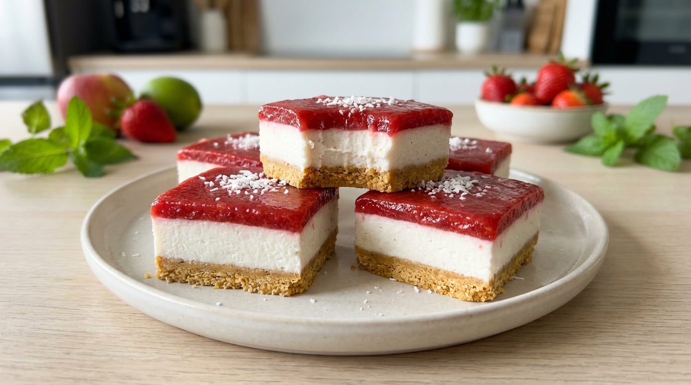 Protein Coconut Strawberry Cheesecake Bars (No-Bake)