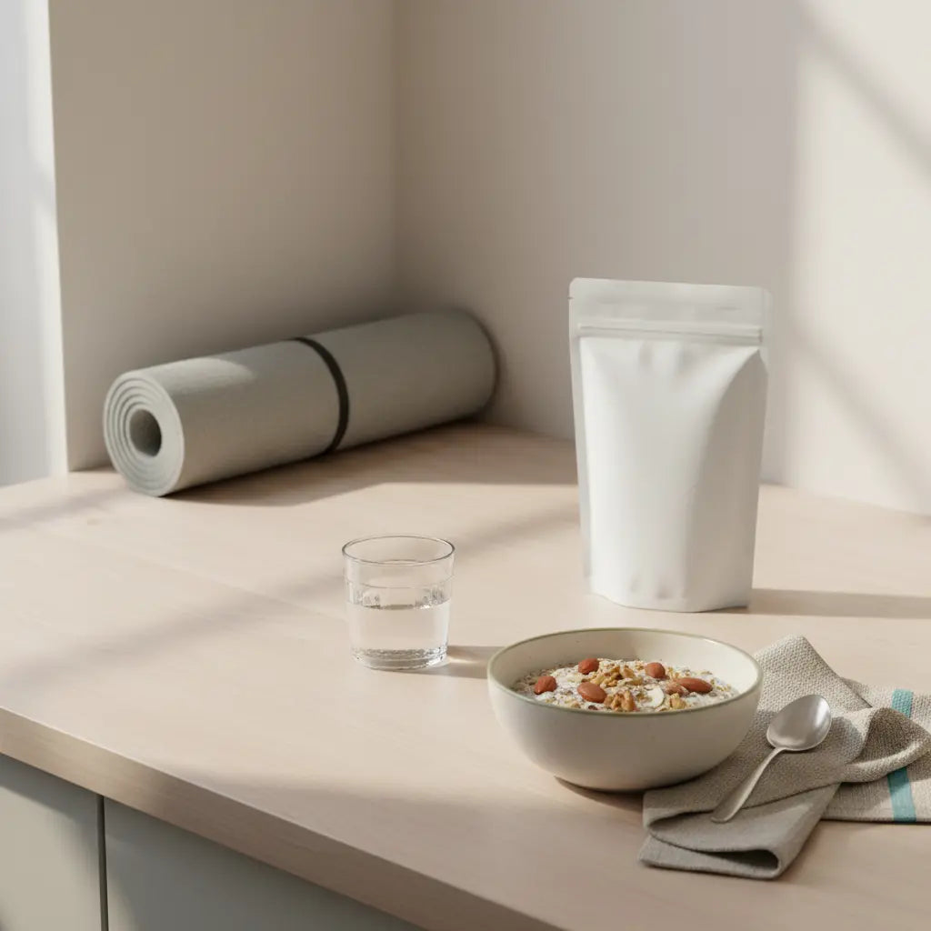 Minimalistische Morgen-Szene mit Holzoberfläche, eingerollter Yogamatte, Glas Wasser, Haferflocken, Nüsse und BPA‑freier Shaker (Produkt aus Referenzfotos) – Home-Workout Anfänger