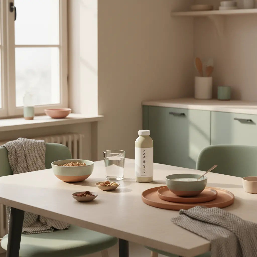 Honig Clean Eating Frühstück mit Vegardians‑Shake, Granola, pflanzlichem Joghurt und Nüssen auf minimalistischem, beigem und salbeigrünem Tisch (ruhige Morgenstimmung).