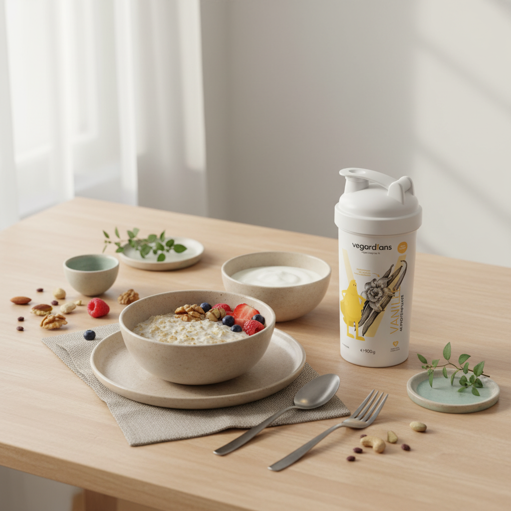 Minimalistische vegane Frühstücksplatte mit Haferbrei, Nüssen, Beeren und geschlossenem Protein-Shaker in europäischer Küche bei Morgenlicht – Hormonbauch