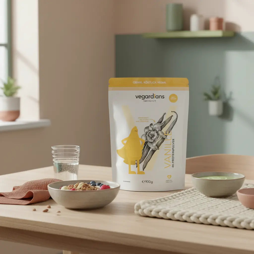 Veganes Frühstück mit Produkt aus Referenzfotos auf nachhaltigem Tisch — Hormone die beim Abnehmen helfen, Müsli, Shake, sanftes Morgenlicht