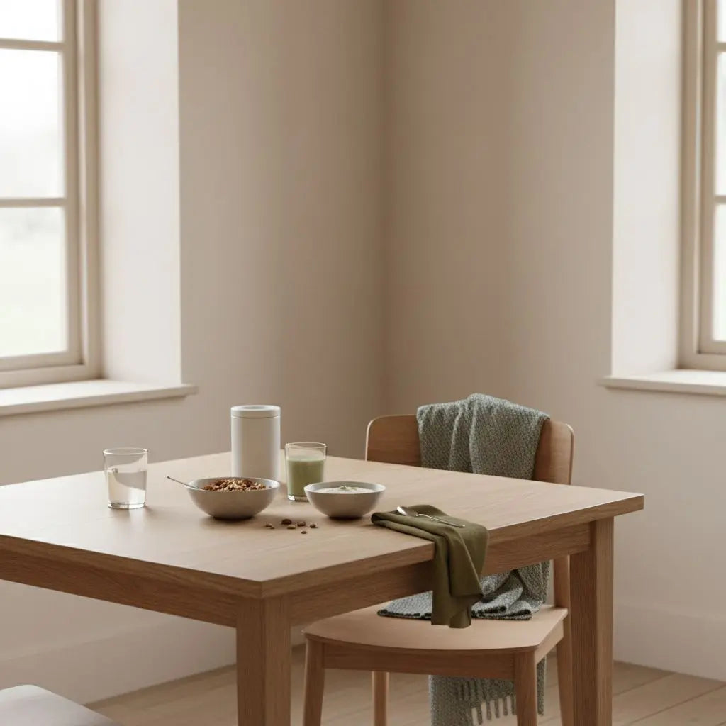 Minimalistisches Frühstück mit Granola, pflanzlichem Joghurt, Nüssen und Shake auf nachhaltigem Tisch im weichen Morgenlicht, stimmig und nährend – im neuen Jahr fit werden
