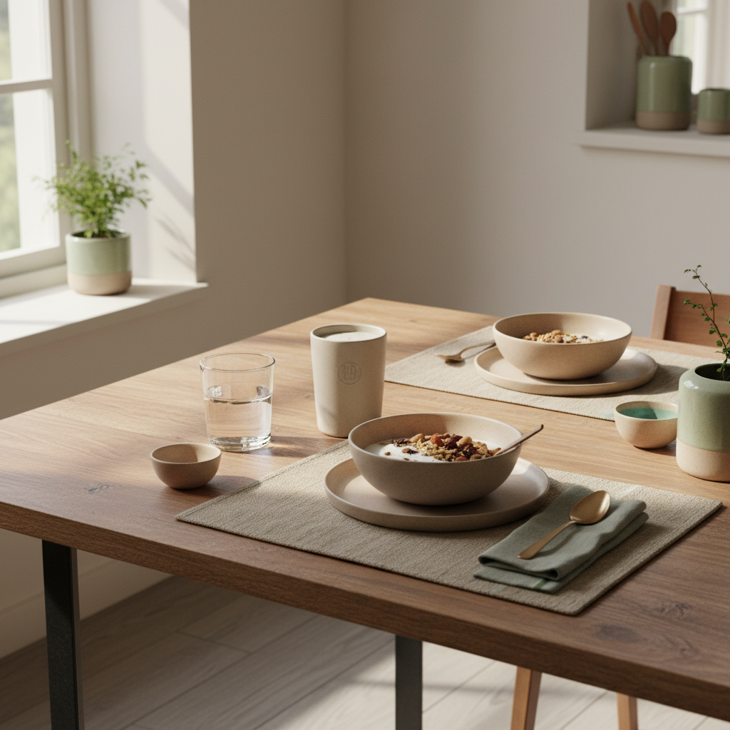 Minimalistisches veganes Frühstück in heller Küche mit Granola, pflanzlichem Joghurt, Nüssen, Shake und Glas Wasser – Immunsystem schnell stärken