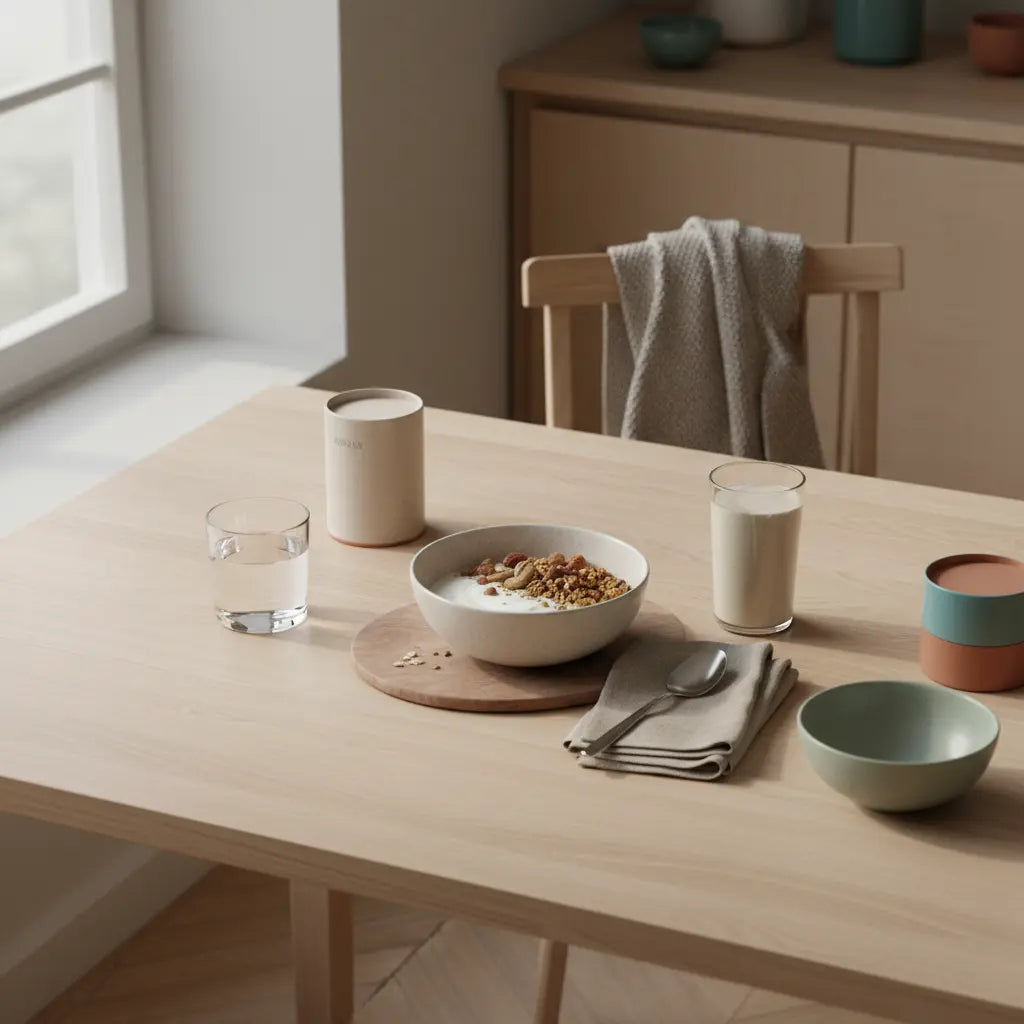 Frühstück mit Granola, pflanzlichem Joghurt, Nüssen und Shake auf minimalistischem Holztisch mit Woll- und Leinenakzenten im weichen Morgenlicht – Immunsystem stärken Winter