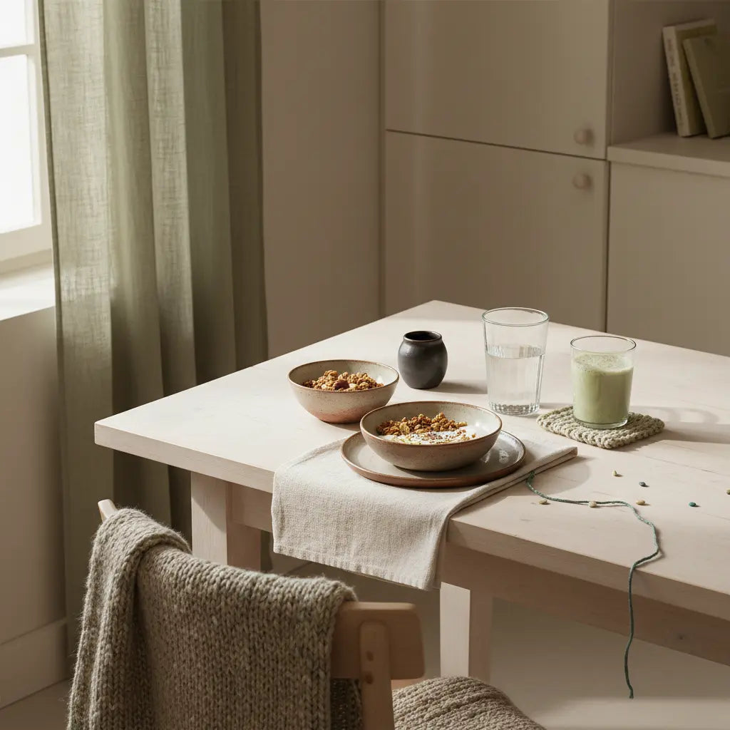 Morgenlicher minimalistischer Frühstückstisch mit Granola, Joghurt, Nüssen und Shake in ruhiger, nachhaltiger Atmosphäre – Immunsystem stärken natürlich