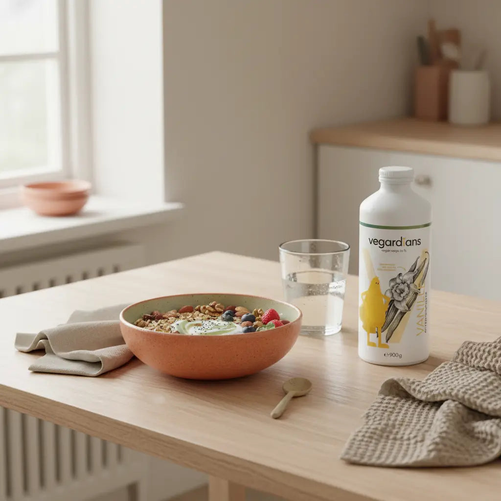 Minimalistisches veganes Frühstück mit Bowl, Glas Wasser und Produkt als Shake auf Holztisch in Morgenlicht – Konzeptbild für in 6 Wochen abnehmen